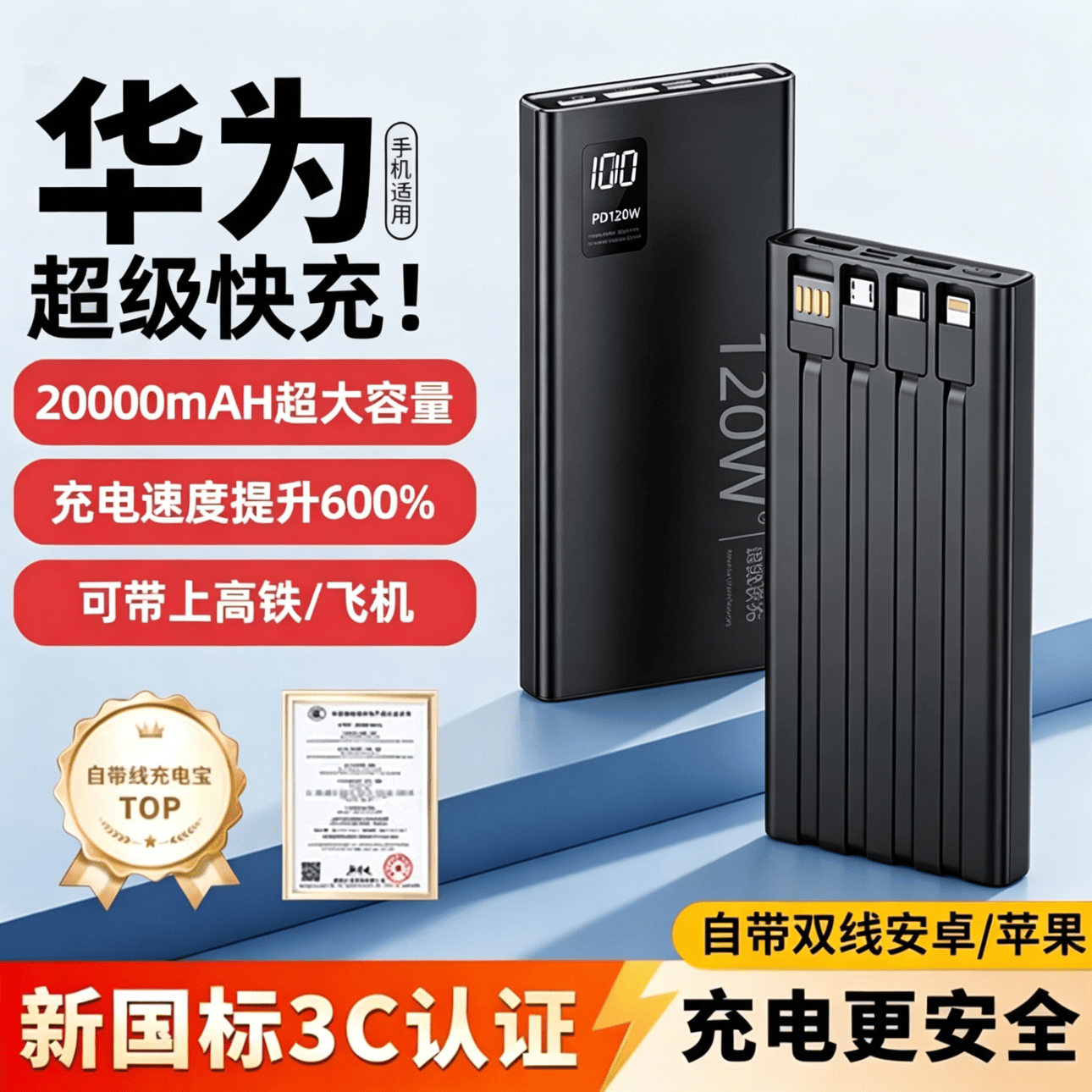 华为手机适用新国标【顶配80000M丨3C认证 可上飞机】120W超级快充自带线20000毫安充电宝安卓苹果 【80000M】墨黑120W超级快充 足容/重320g/非轻薄