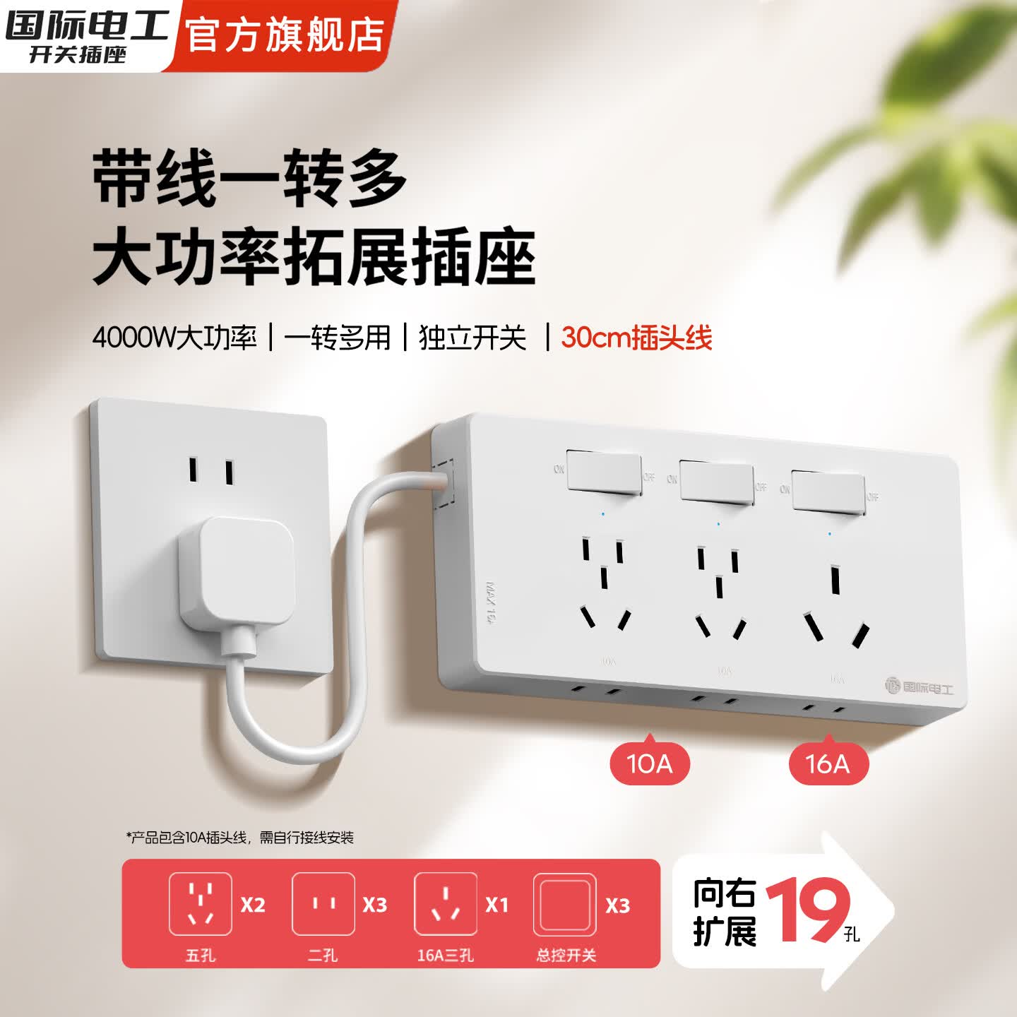 国际电工16A带线扩展插座自接线带指示灯厨房转换器热水器空调多功能插头 白色右拓展-三开19孔【4000W】