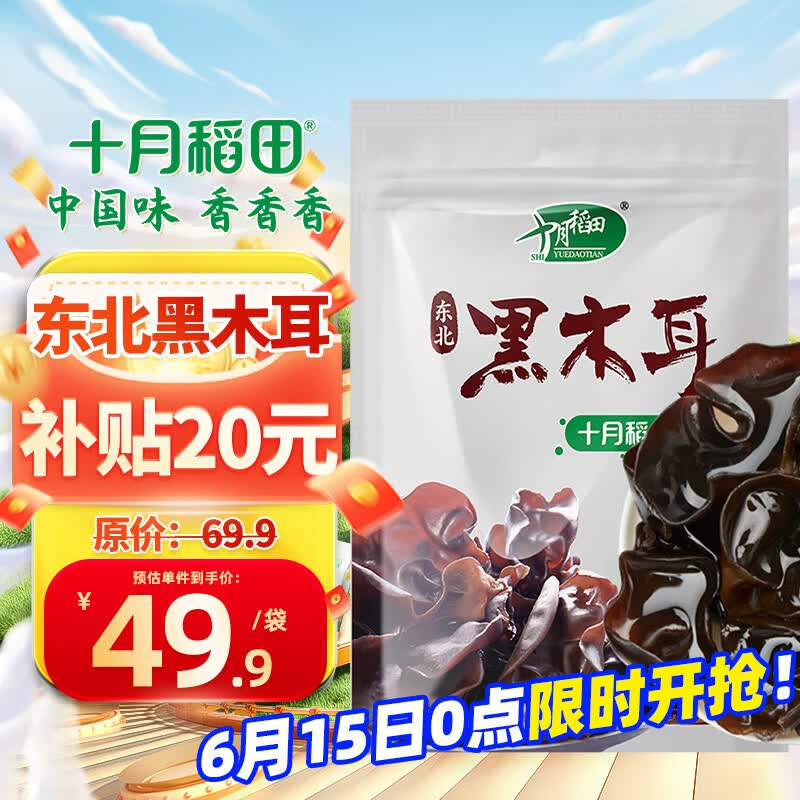 十月稻田 东北黑木耳 500g 菌菇  黑龙江东宁特产 肉厚无根 火锅煲汤炒菜