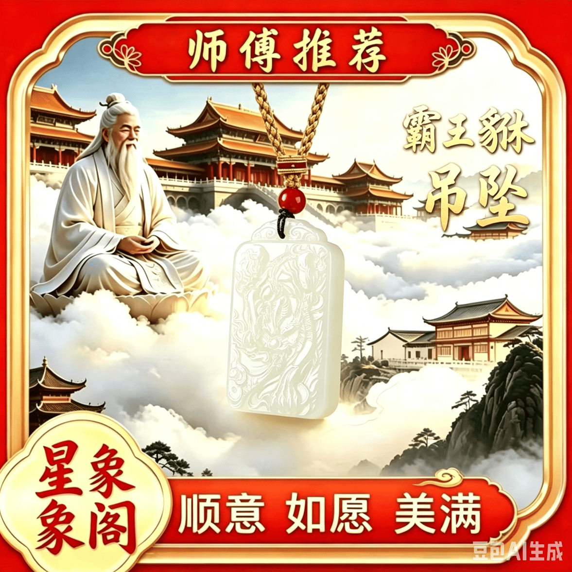 【寺中所求】祥瑞瑞兽平安无事牌立体雕刻寓意佳百搭国风挂件 祥瑞霸王貔貅吊坠 【高档礼盒装】