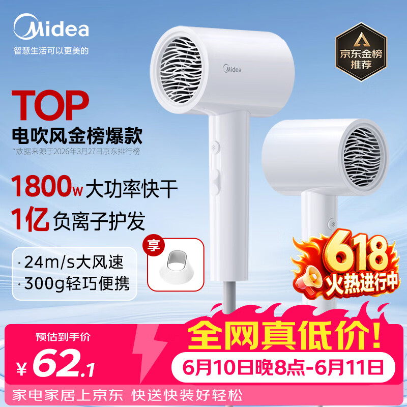 美的（Midea）1亿负离子电吹风 大功率快干不伤发吹风机 家用负离子护发吹风筒 FJ208白1800W 节日礼物 价保618
