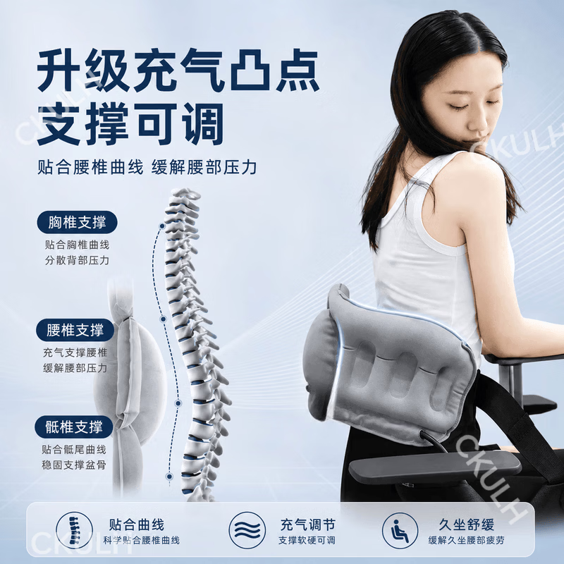 CKULH德国充气腰靠腰垫飞机腰靠腰枕便携式旅行腰垫高铁久坐护腰神器 【护腰垫】灰色-凸点支撑-按压充气