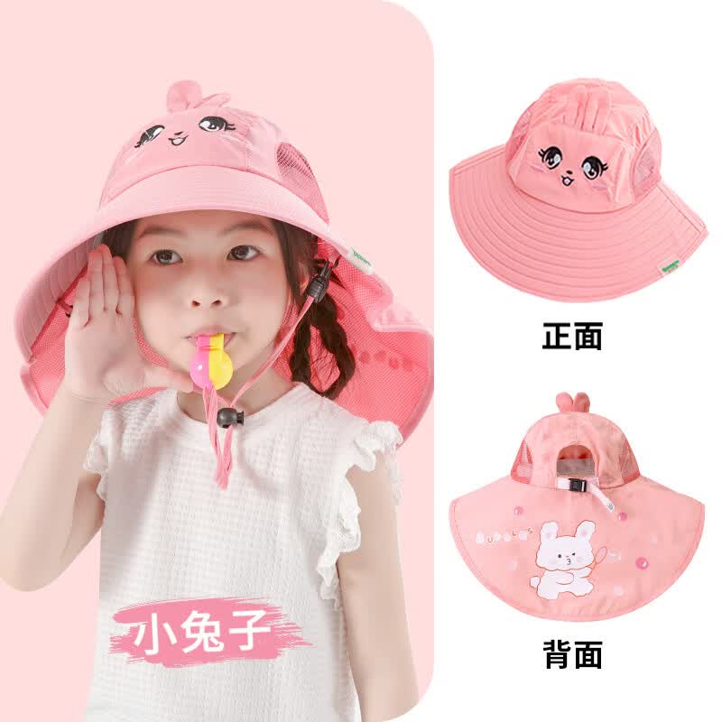 彩虹房子儿童防晒帽夏季披肩遮阳帽男女宝宝大檐网透气太阳帽防晒渔夫帽 【升级印花款】小兔子 帽围(48-54CM)参考2-12岁