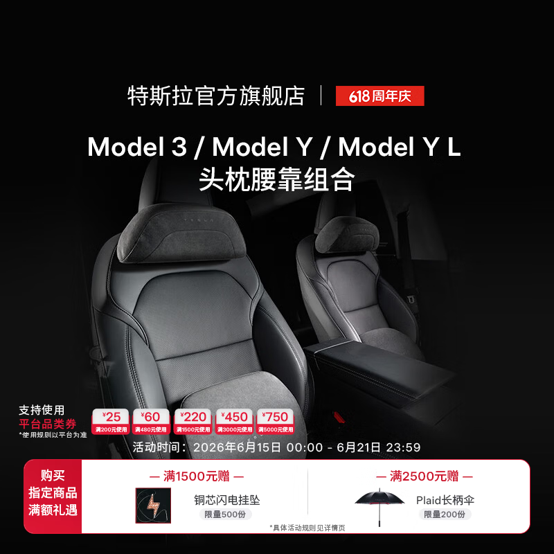 特斯拉（Tesla）官方 Model 3/Model Y/Model Y L 头枕腰靠组合套装枕头靠垫颈枕 头枕*1+腰靠*1