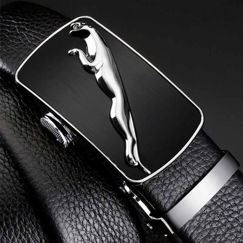 POACY真皮头层牛皮带 男士腰带捷豹子 情人节裤带男式款 礼盒装 807金【配银色扣】头层牛皮黑身 115cm 【默认发115cm】