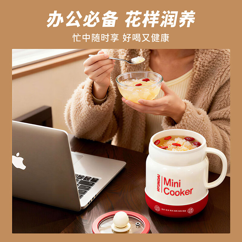 HYUNDAI韩国电炖杯恒温保温陶瓷釉内胆煮火锅多功能便携电饭煲烧水壶养生壶电热水壶恒温壶茶壶温奶器 可视化电炖杯【滤网款】白色款 0.8L