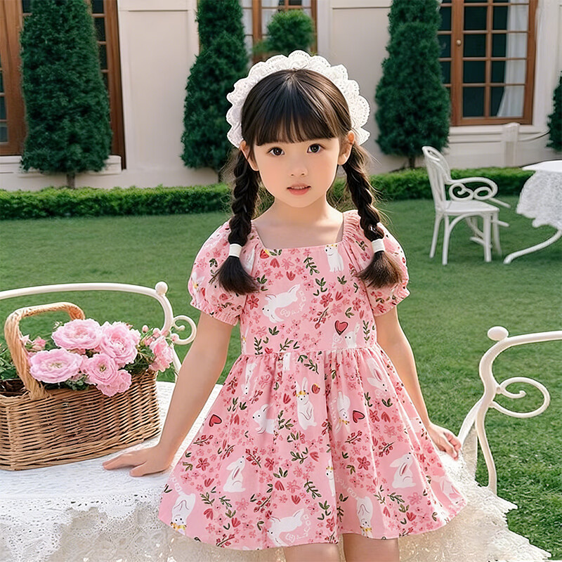 木幼事童装女童连衣裙2026新款洋气六一儿童节夏装短袖碎花公主裙 沐阳草莓 【建议拍大一码】 150 【身高130~140cm】