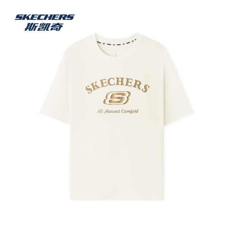 斯凯奇（Skechers）短袖夏季新款T恤轻薄透气休闲上衣简约纯色情侣打底衫 棉花糖白 XL
