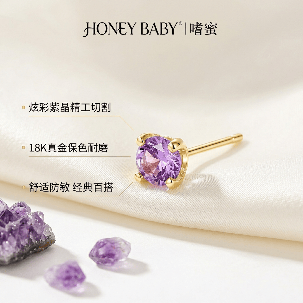 嗜蜜S925纯银镀金紫色宝石耳钉轻奢小众高级感送女友老婆生日女生首饰 S925纯银18k金(粗1mm长11mm)单只
