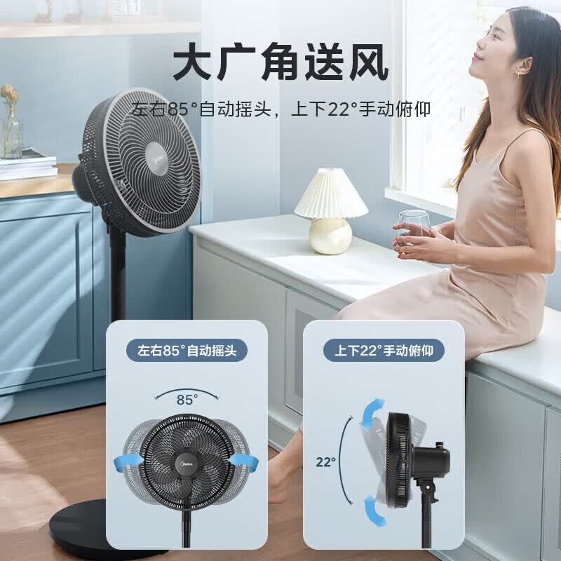 美的(Midea)落地扇 家用超静音 空调伴侣 台地两用 七叶节能大风量 宿舍客厅卧室广角送风 易拆洗摇头电风扇 【热销】30AB-黑-12寸-顶部旋钮