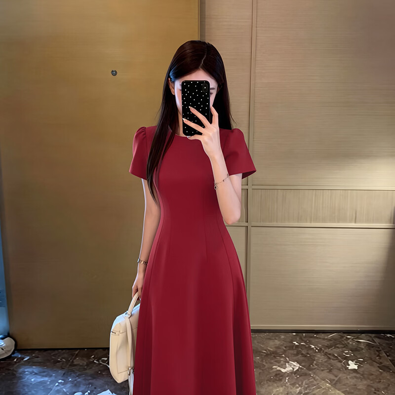 GARNUO白色连衣裙子女2026夏季新款法式小个子高级感气质收腰显瘦礼服裙 红色【短袖长款】 S 【80-100斤】