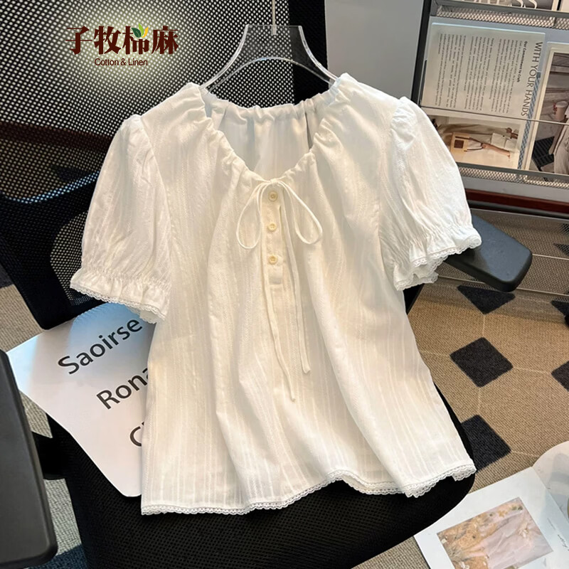 子牧棉麻2026夏装 女设计感百搭文艺洋气小花边v领绑带短袖上衣9522 白色 M (建议95-115斤)