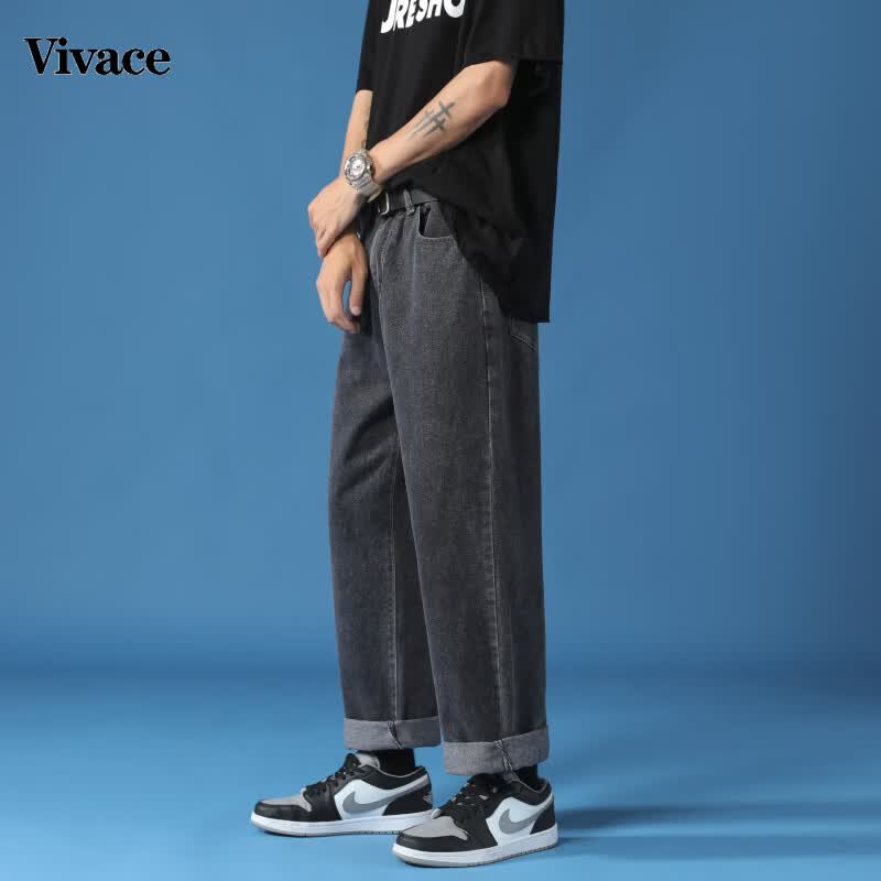 Vivace 高品质春夏季棉牛仔裤子男宽松直筒裤垂感港风潮流裤子 中蓝色 【单件】 M