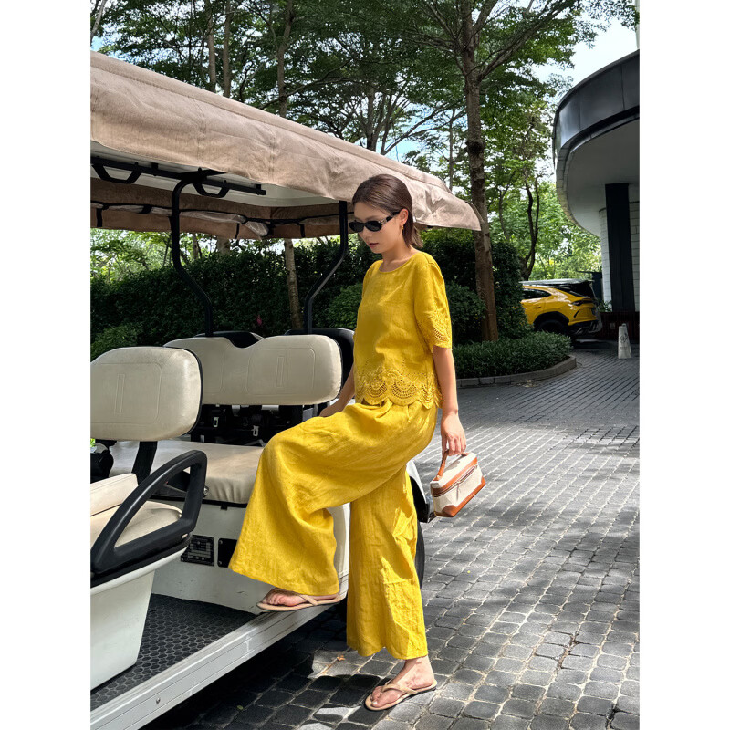 LE ALFASHIONLINE【断码清仓】100亚麻套装女夏新款宽松慵懒松弛镂空刺绣九分休闲 黄色-上衣 现货 S