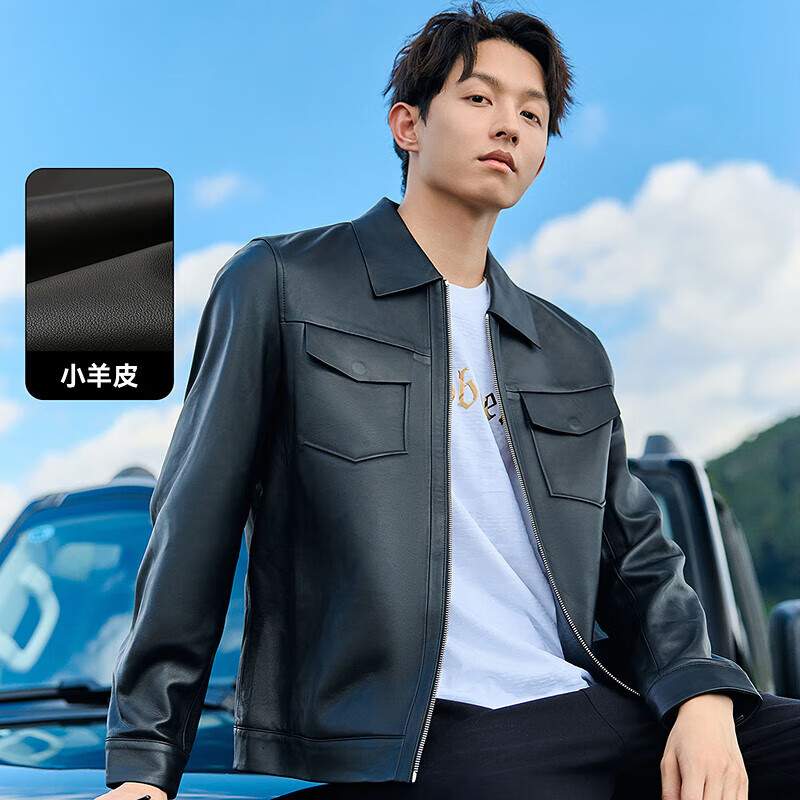 卡賓綿羊皮皮夾克24秋真皮外套簡(jiǎn)約休閑機(jī)車服 煤黑色01 48 
