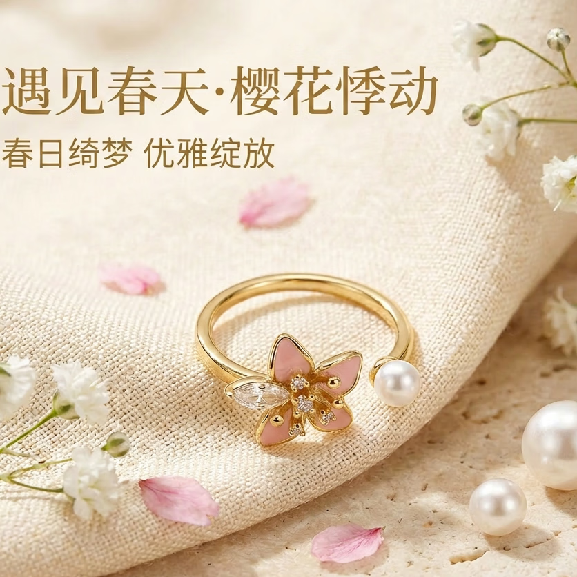 超仙粉色樱花戒指女 温柔风滴釉花瓣开口戒 显白珍珠指环礼物