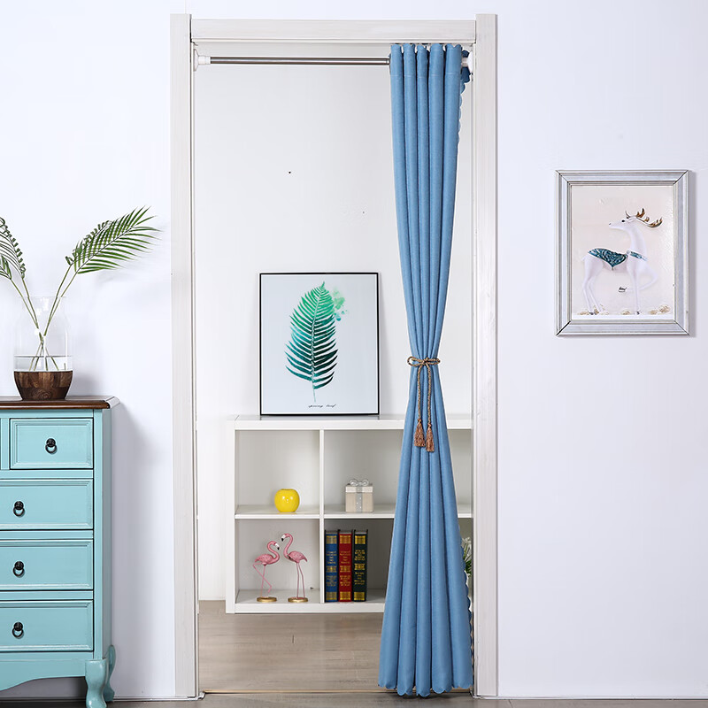 爱巢鸟 布艺门帘隔断帘免打孔空调帘卧室厨房卫生间家用挂帘遮挡帘子 天蓝色(打孔式)  帘宽120*高180cm/配杆55-75cm