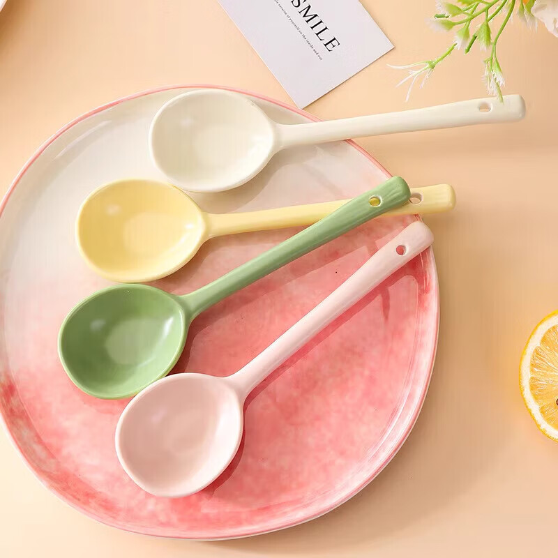 奶油风陶瓷勺马卡龙少女心可爱勺子ins风长柄勺子调羹饭勺 奶粉色-陶瓷勺 无规格