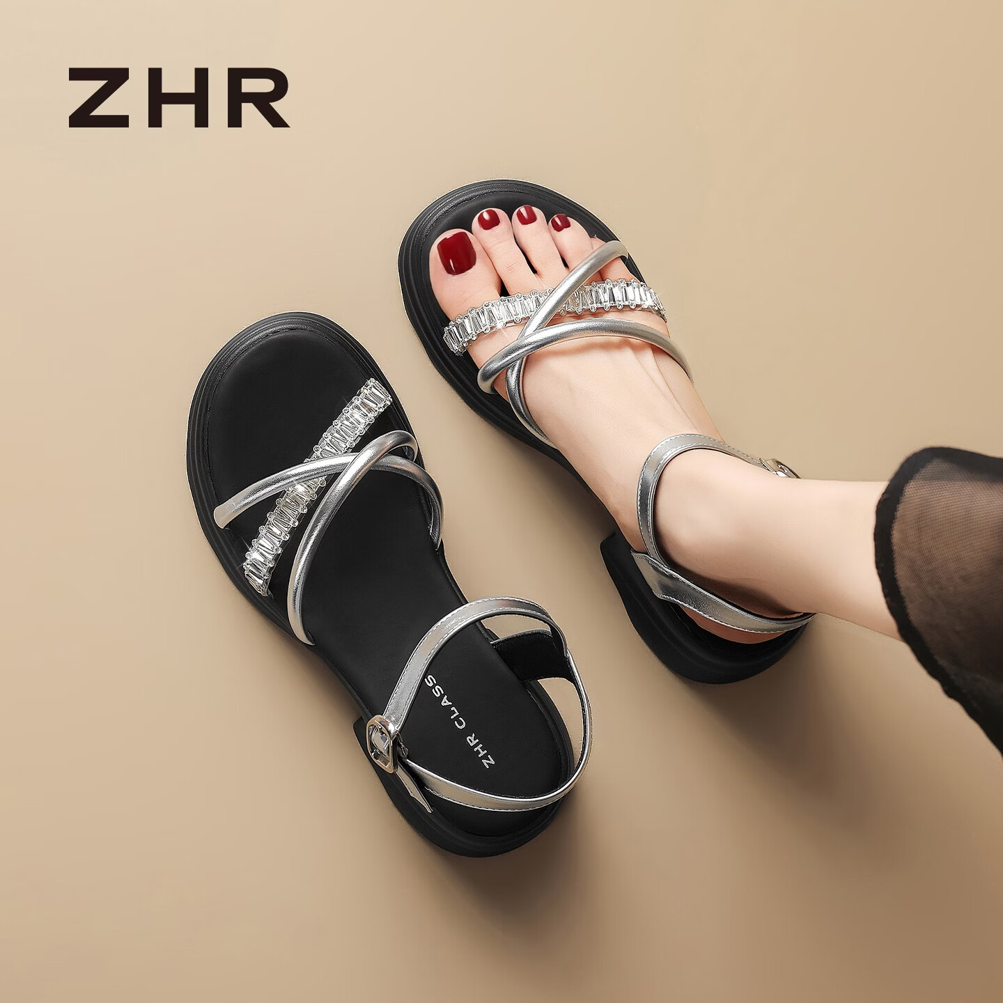 ZHR则则夏季凉鞋女2026新款女鞋气质外穿一字带粗跟沙滩罗马凉鞋M688银37