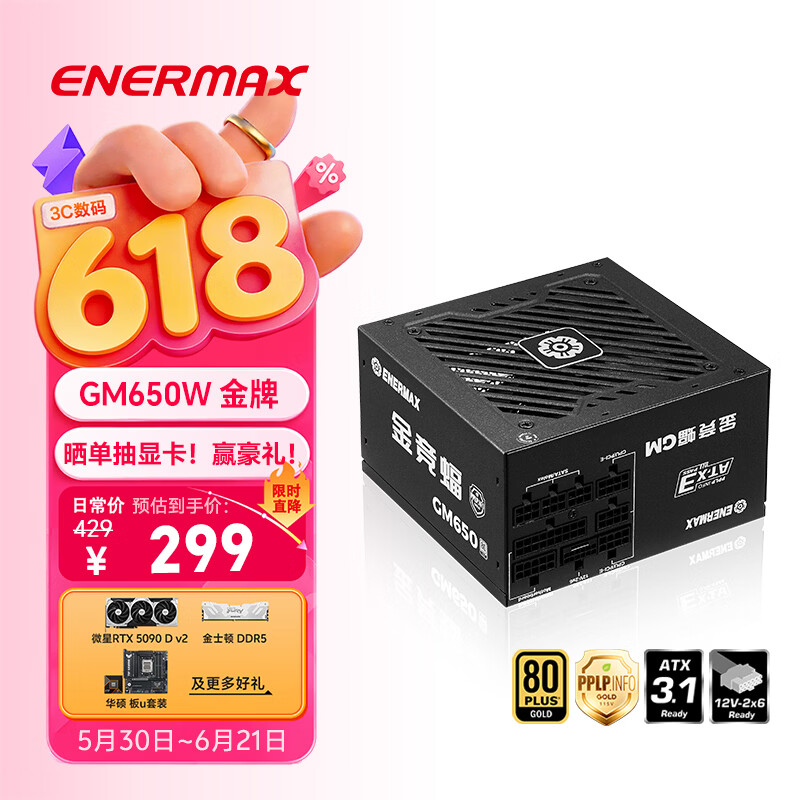 安耐美（Enermax）电源650W 金竞蝠GM650W黑色 ATX3.1电源 金牌全模 全日系电容/FDB风扇/五年保固