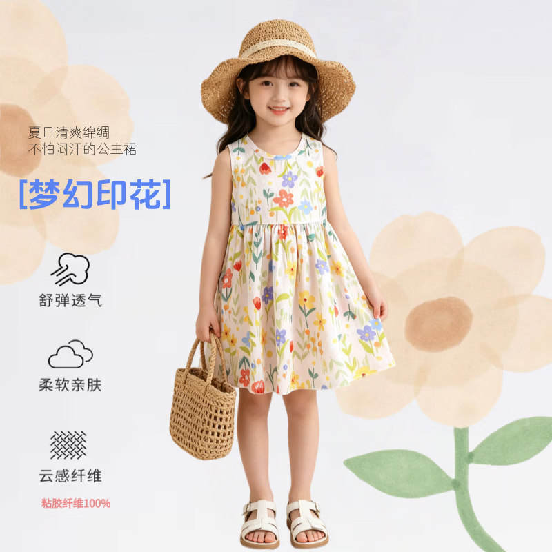 小猪班纳（PEPCO）女童绵绸连衣裙夏季碎花公主裙沙滩裙新款女孩背心裙 7191棉绸裙黄色碎花 80 cm 【偏小建议身高65-70cm】