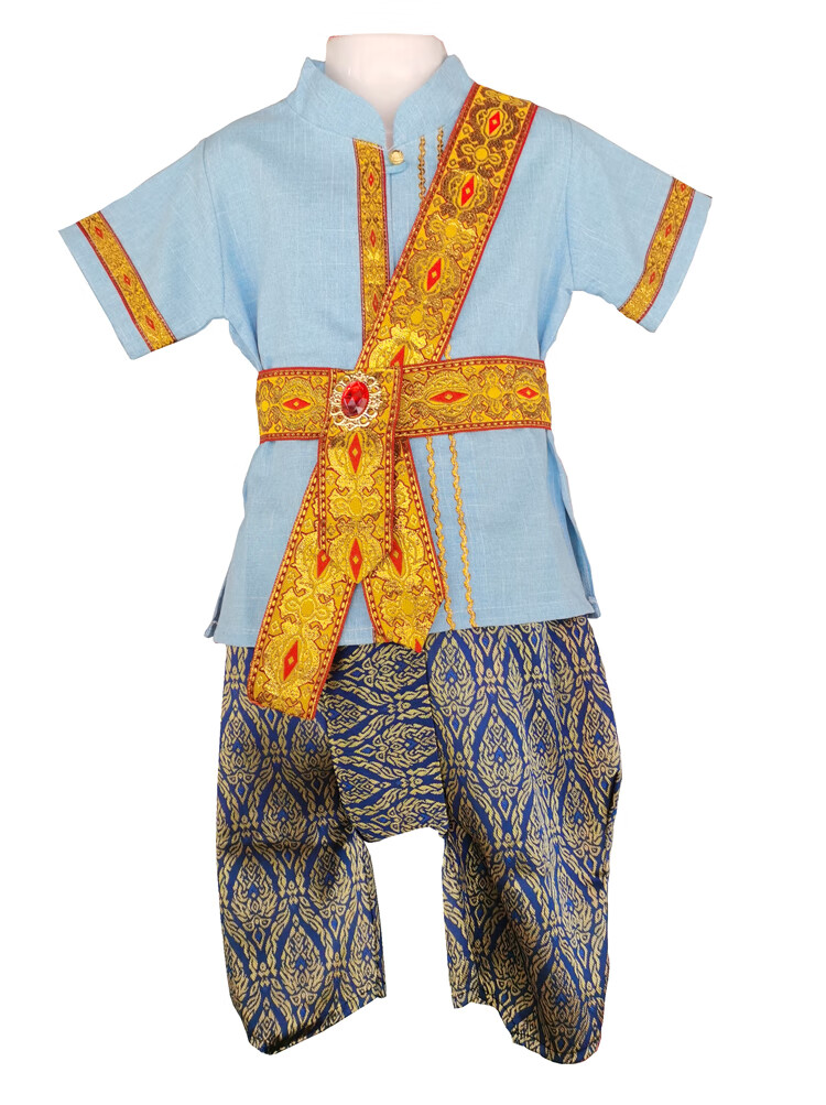 梦鸥亭傣族服装男儿童东南亚风情男童英雄带三色套装葫芦丝表演服