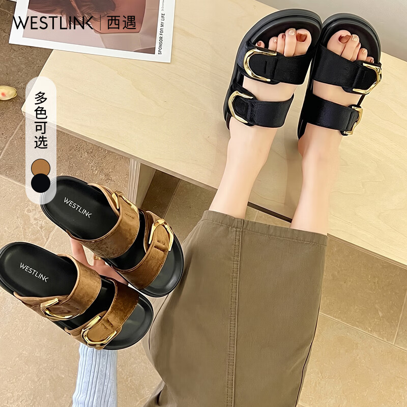 西遇（Westlink）厚底凉拖鞋女2026夏季新款丝绒懒人金属扣勃肯一字拖鞋女外穿 黑色 38 (240)