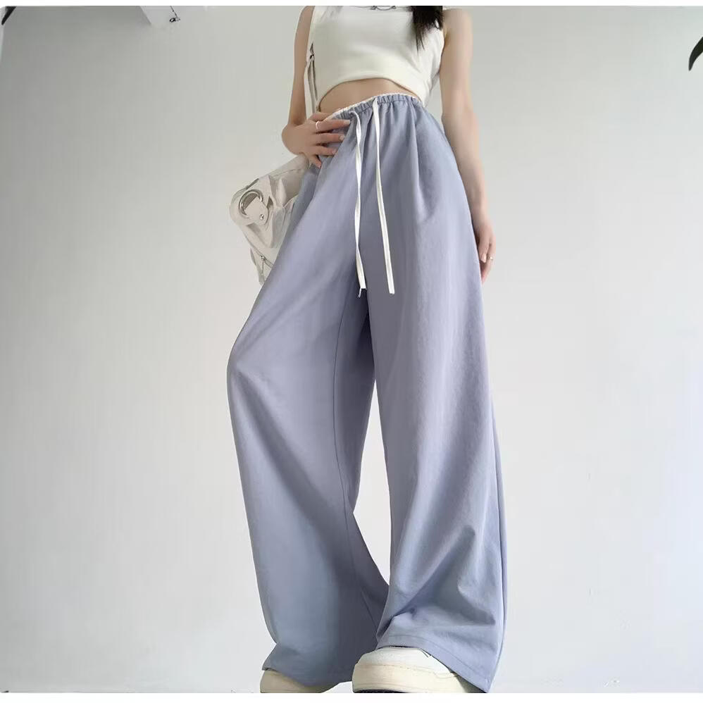 BURQAMARCH撞色腰阔腿裤女夏季设计感高腰垂感休闲直筒裤薄款冰丝女士长裤子 紫色 M (建议80-100斤)
