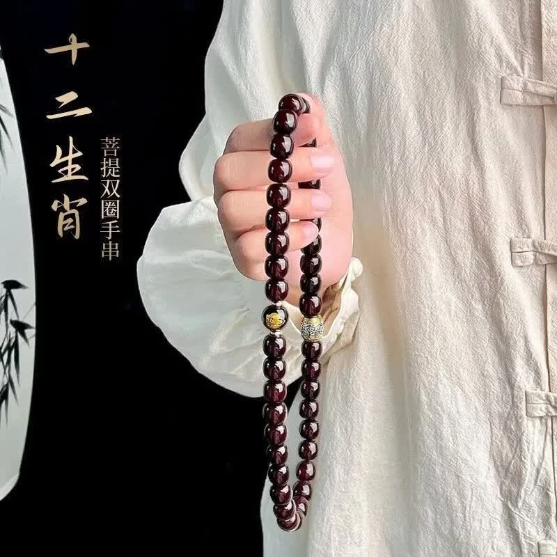 【十二生肖】菩提双圈手串溏心老料生肖文玩桶珠双圈菩提子SJL 生肖【马】大势至菩萨 男女通用【送盘玩袋】