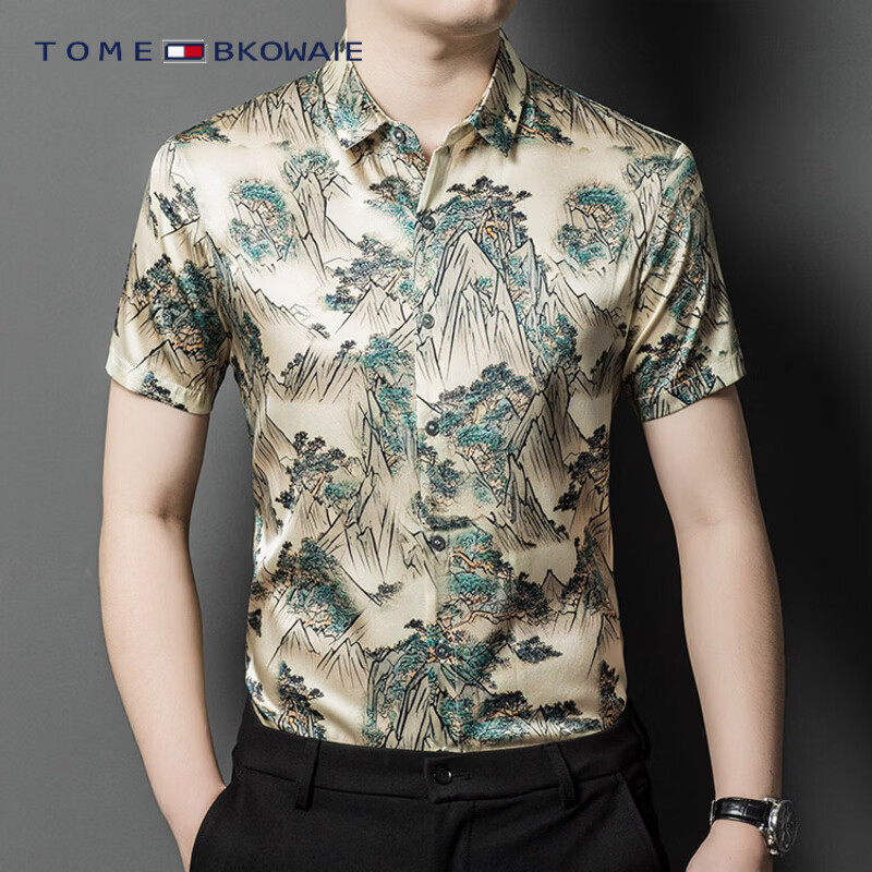 TOME BKOWAIE汤米真丝衬衫男装夏天新款印花真丝绸缎高端潮牌青中年短袖衬衣男 米白色 3XL