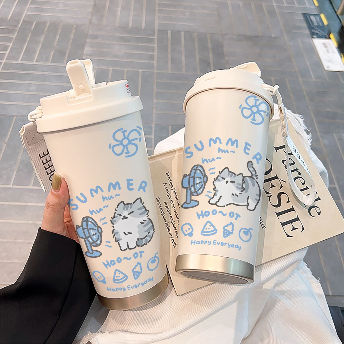 溥畔吹风小猫不锈钢咖啡杯高颜值吸管杯学生男女便携水杯大容量 白色+咖啡杯[无图案]+配挂绳