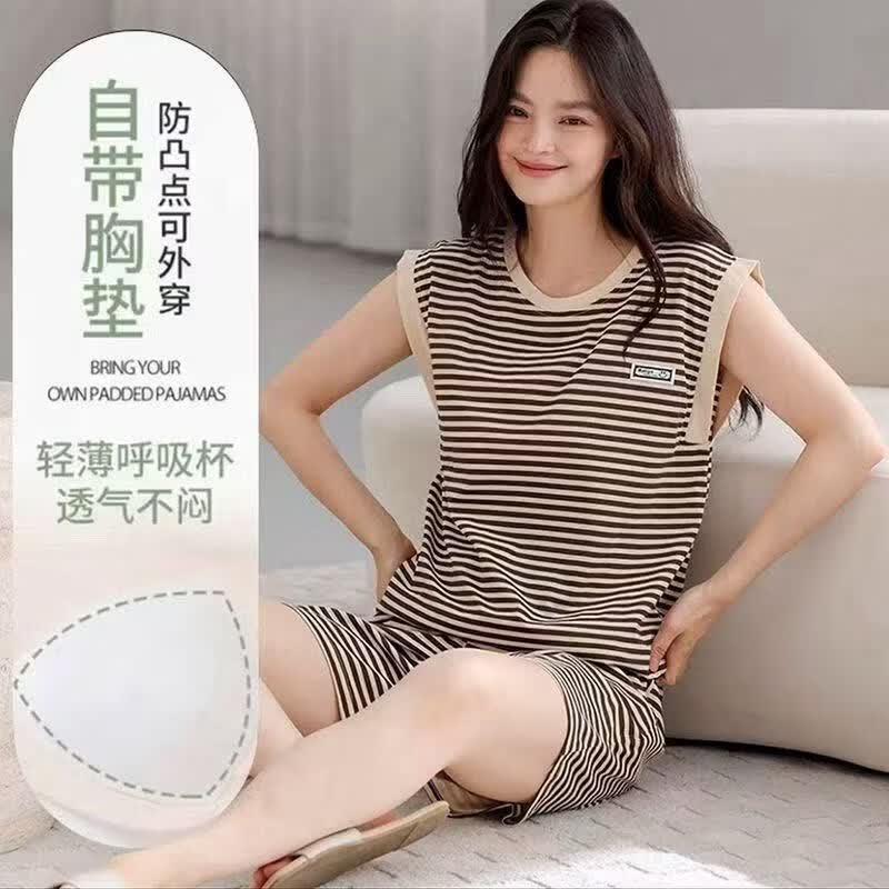 夏季带胸垫睡衣女背心短裤休闲大码圆领家居服夏天薄款无袖套装M 黑色条纹套装（带胸垫） 3XL 建议135-160斤