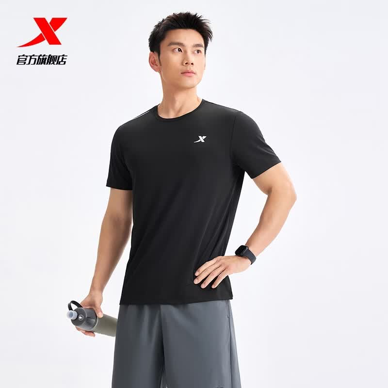 特步（XTEP）运动t恤衫短袖男夏装新款跑步速干衣薄款健身服半袖 正黑色-男 XL