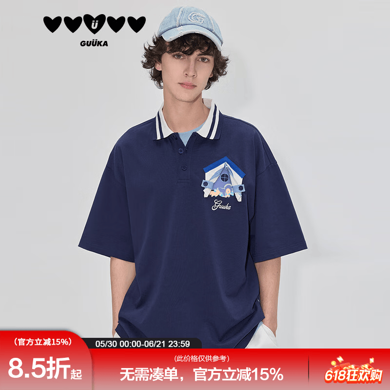 古由卡(GUUKA)美式重磅短袖t恤男 夏季新款宽松Polo翻领潮流半袖复古打底衫 深蓝 F6308 XL