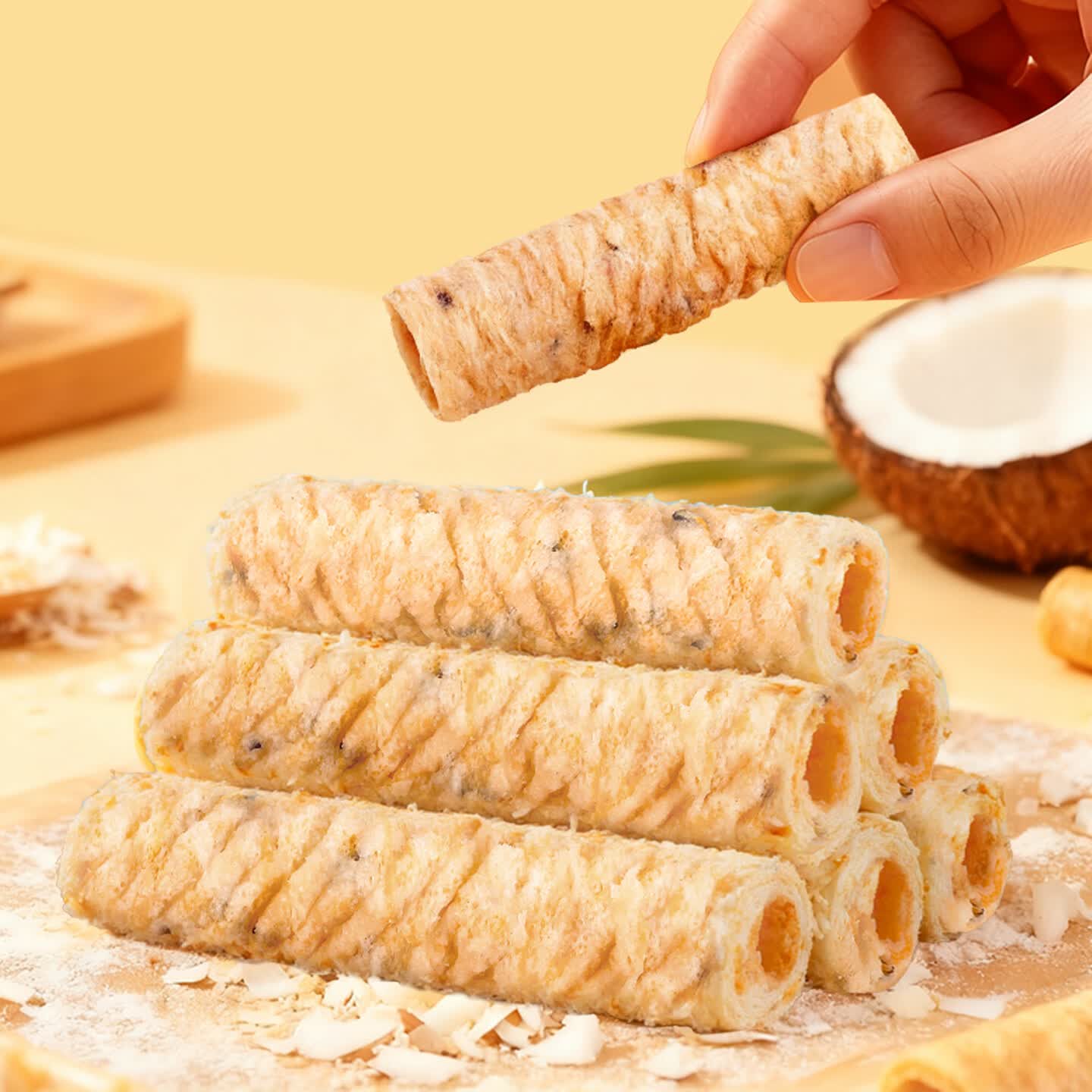 春光 食品 海南特产 休闲零食 椰香酥卷500g*2盒装 零食小吃奶香酥脆 椰子卷108g*2