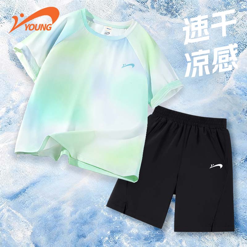 贵人鸟童装男童夏套装2026新款男大童休闲短袖t恤儿童夏季运动服 【速干套装3】蓝绿/绿鸟K-卡其/白K 150