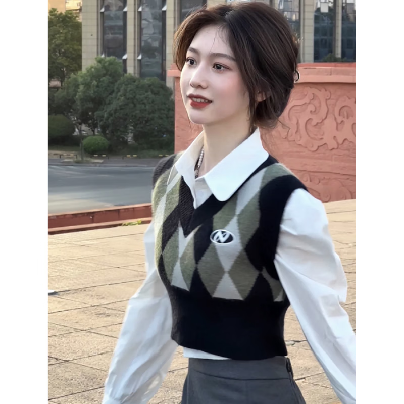 依慕琪三件套裝/單件學(xué)院風(fēng)V領(lǐng)短款菱格針織馬甲女+白色襯衫+高腰半身裙 綠馬甲+襯衫+半身裙 均碼 s