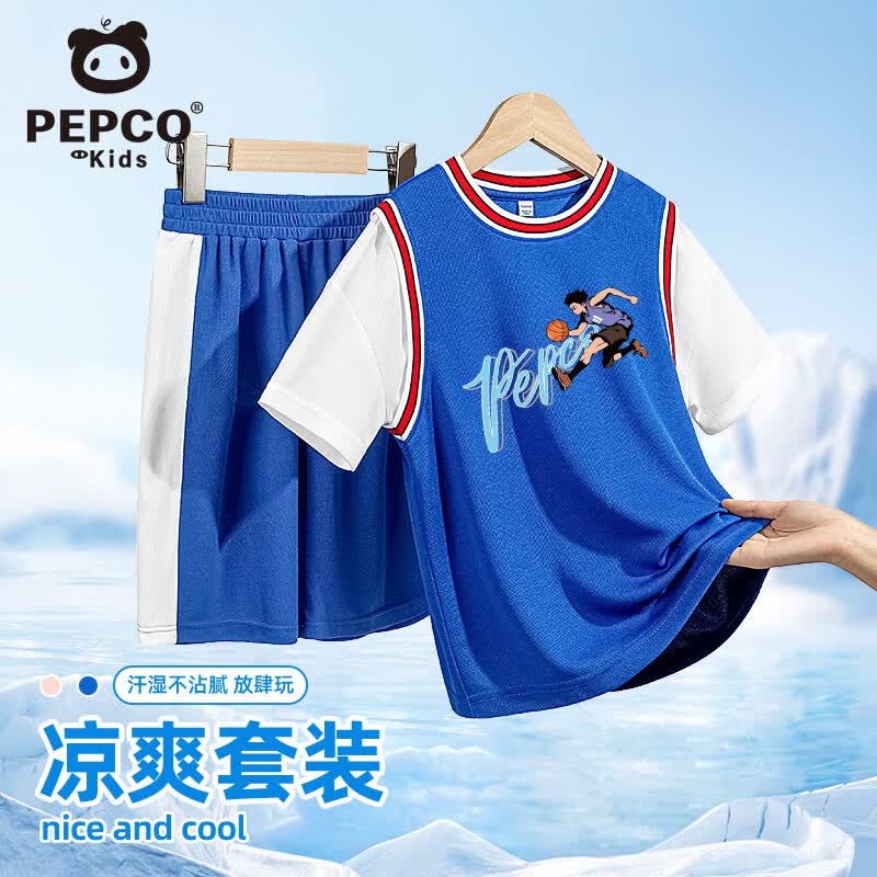 小猪班纳儿童夏装篮球服2026新款中大童运动短袖套装夏季女童网眼速干衣服 【网眼速干】宝蓝/X打篮球 110 （建议体重30-38）