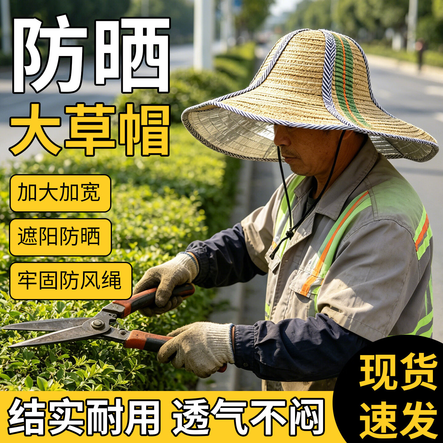 工地草帽 遮阳帽檐防晒工地农民干活遮阳帽神器 沙滩编织帽宽圈透气 大号防晒草帽【无纺布内衬+可折叠】