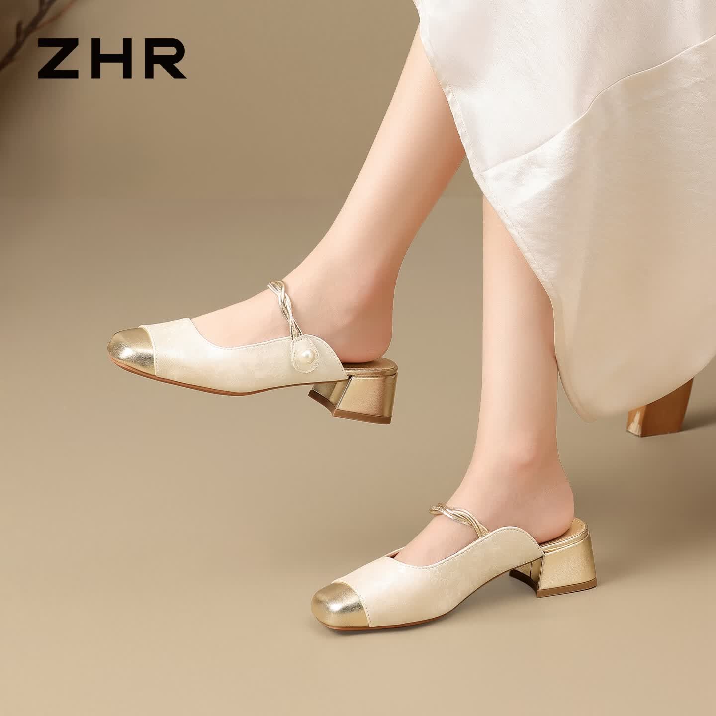 ZHR则则拖鞋女新款配旗袍粗跟穆勒半拖新中式国风玛丽珍女鞋JF602香槟35