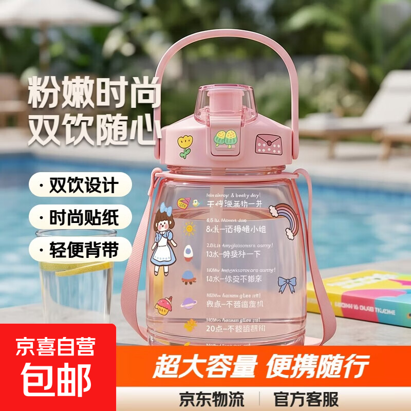 【京东物流】大肚杯吨吨杯双饮吸管杯大容量新款夏季时尚杯子 粉色【送贴纸+背带】 1300ml 1个