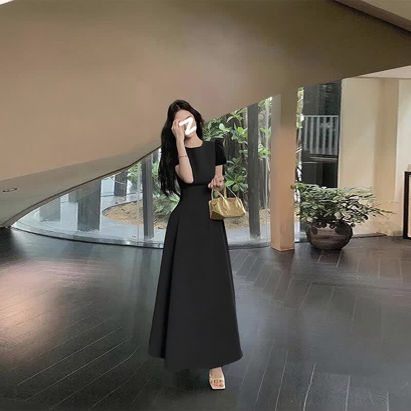 GARNUO蓝色短袖连衣裙女夏季2026新款法式高级感气质礼服裙收腰显瘦长裙 蓝色【短袖长款】 M 【101-110斤】