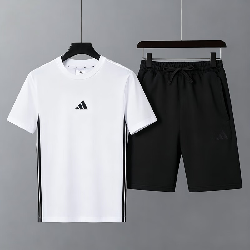 阿迪达斯（adidas）运动套装男装 2026新款夏季休闲透气时尚亲肤短袖T恤 针织短裤子 黑白-两件套-100%棉 S