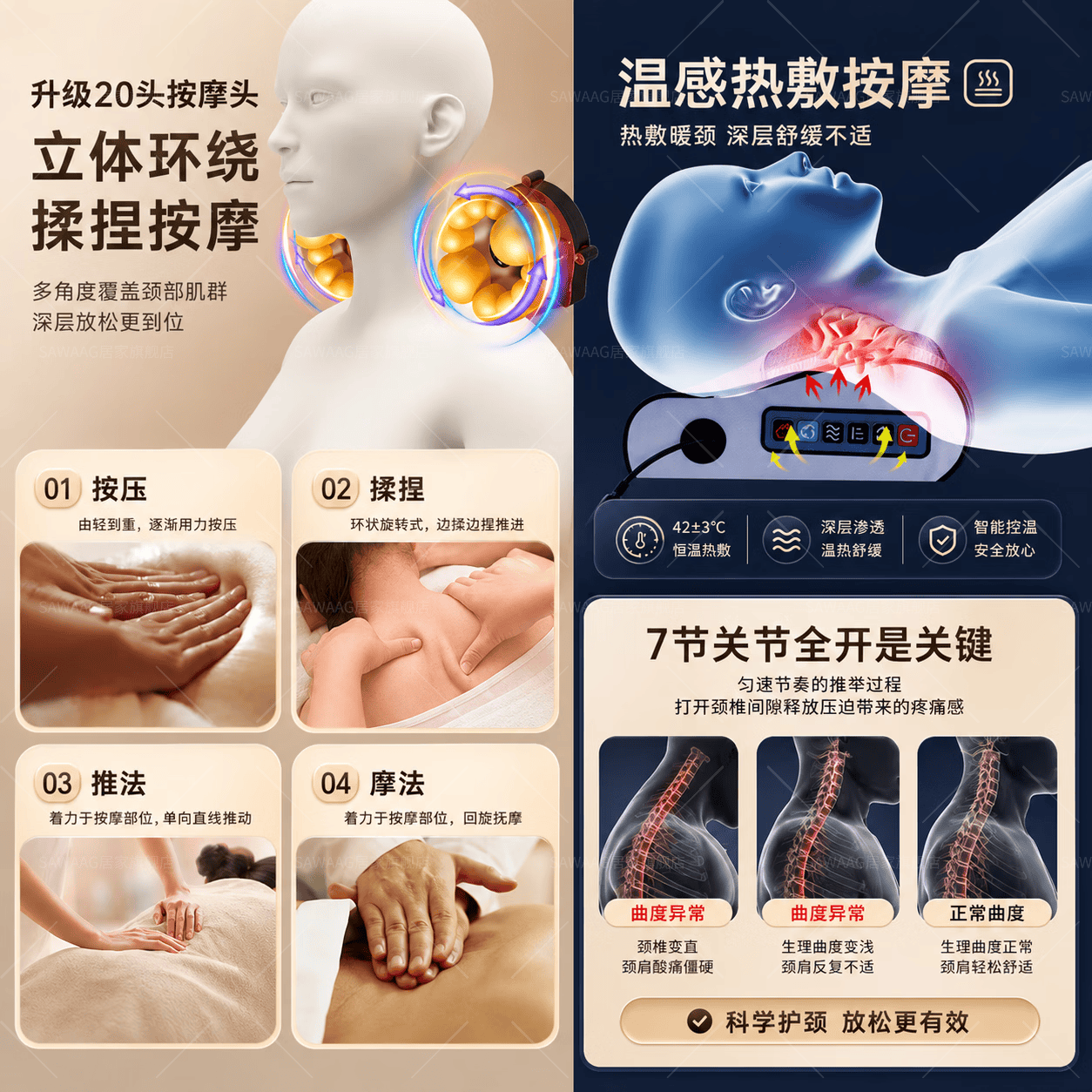 SAWAAG德国按摩枕头部颈椎按摩器肩颈腰部睡觉专用按摩仪腰部颈椎一体全自动揉捏多动能全身仿真人手按摩 深海蓝【升级6键热敷】自动定时/三档力度/深度揉捏 【20头正反揉捏 红光热敷】