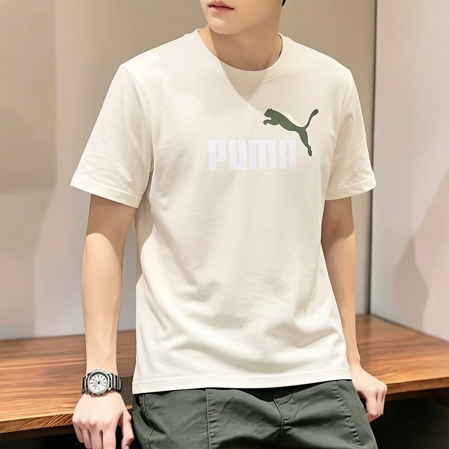 彪马（PUMA）短袖男夏季新款纯棉柔软舒适t恤经典大LOGO休闲透气运动服上衣 雪白/白 /100%棉 M /175/96A 推荐体重120-140斤