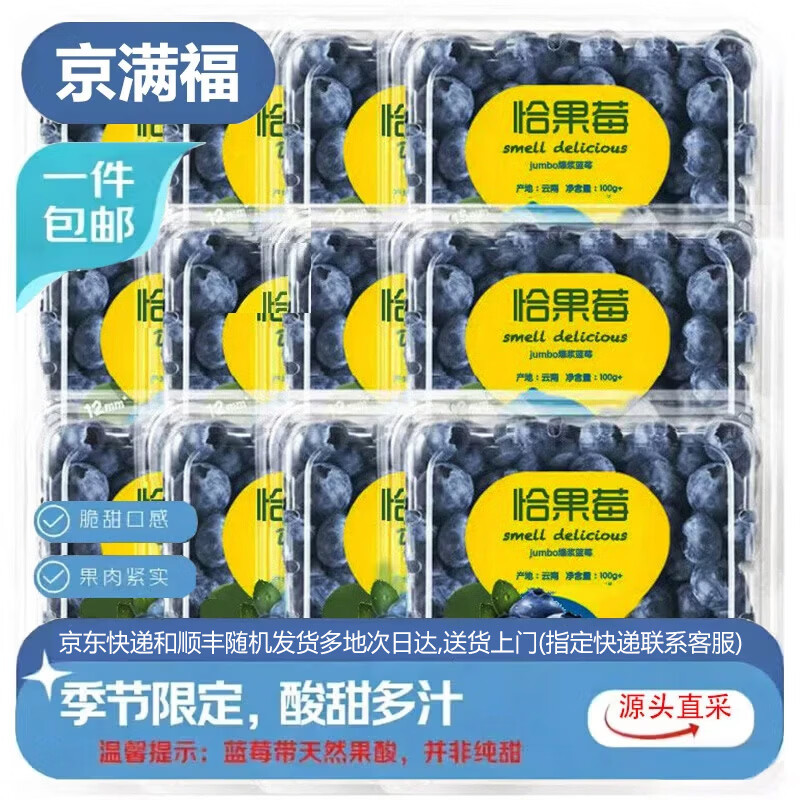 京满福云南花香蓝莓 新鲜蓝莓 应季时令生鲜水果整箱 4盒装 单果12-15mm 净重4*100-125g/盒 带箱1斤