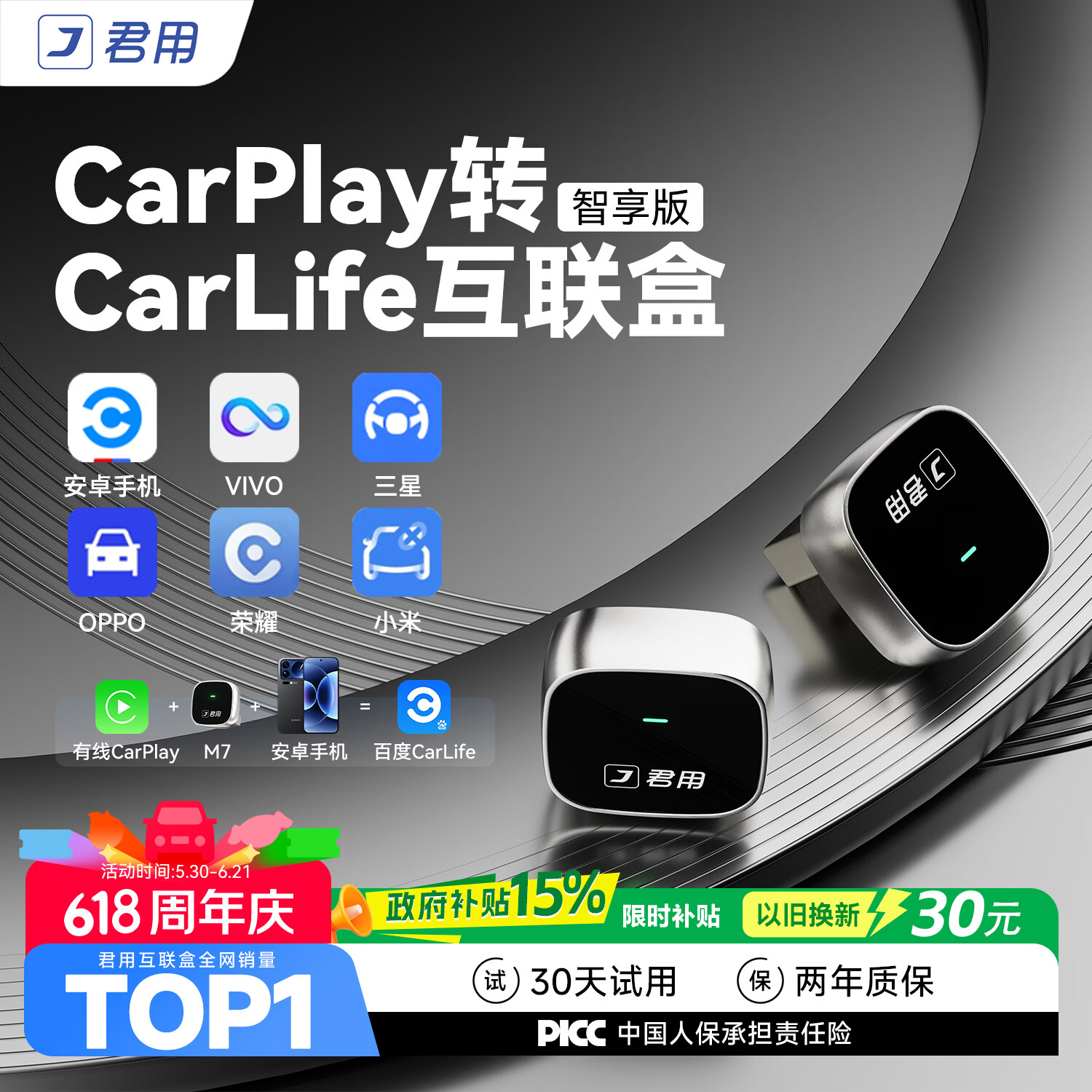 君用CarPlay车机适用小米VIVO荣耀OPPO三星安卓手机盒子 M7【USB款】