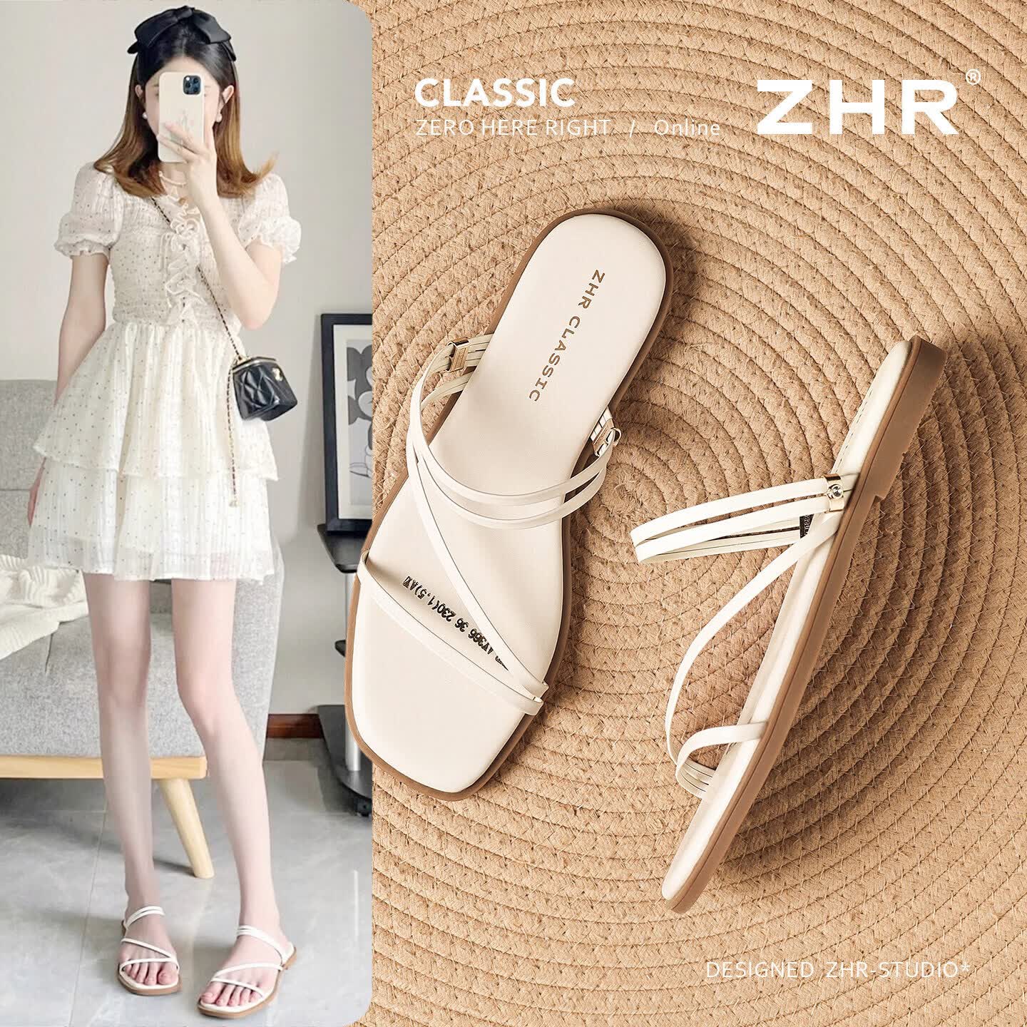ZHR则则一字带凉鞋女2026新款夏季沙滩配裙子一脚蹬平底凉拖 AY366米色38