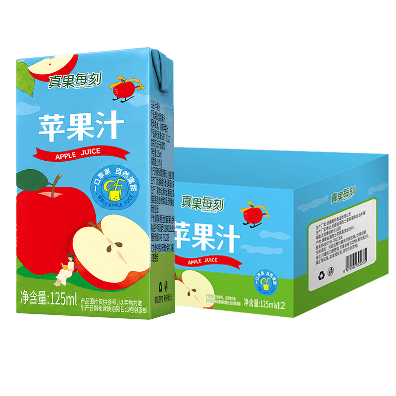 真果每刻苹果汁100%含量纯果汁零添加饮品0脂饮料125ml*12盒