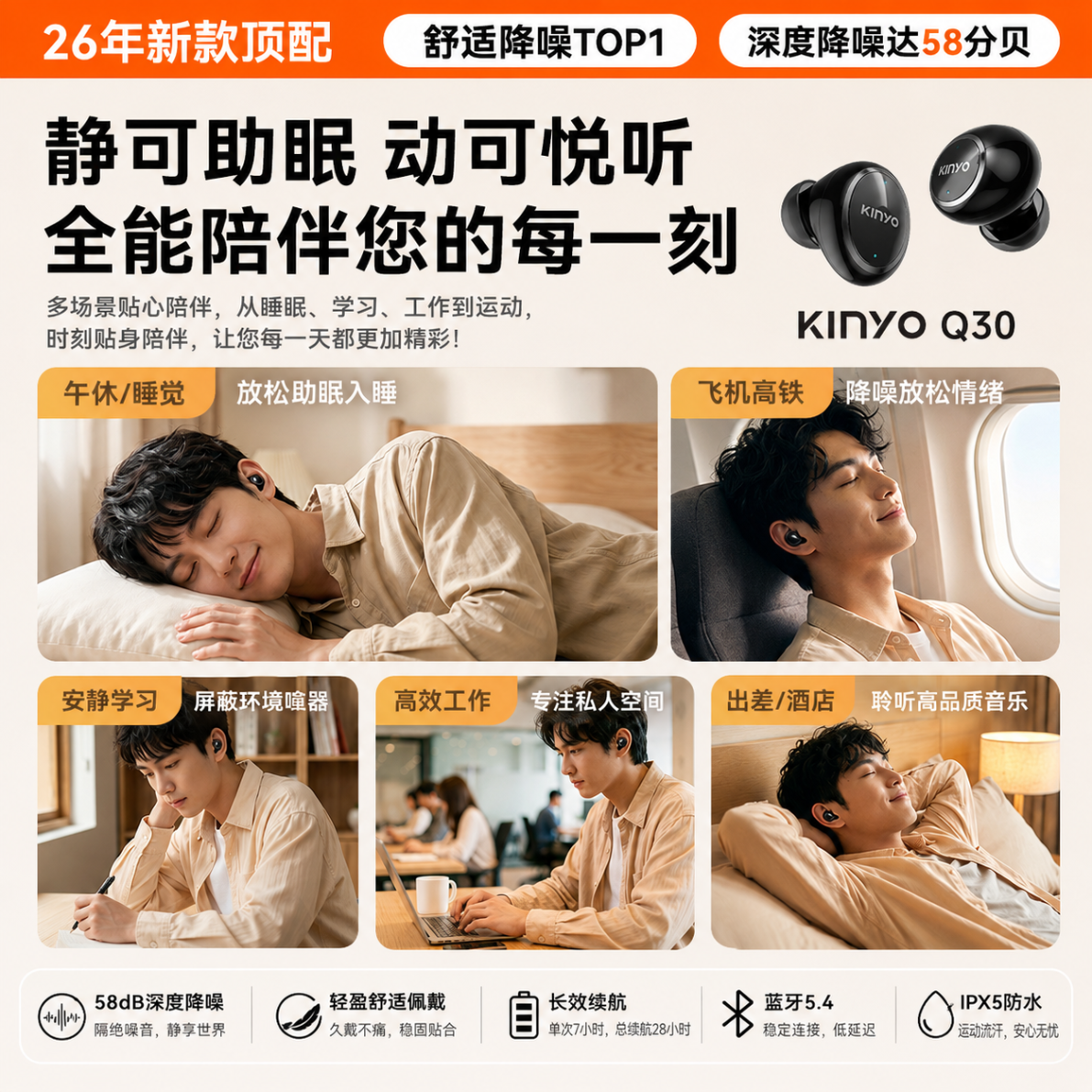 金运【降噪新高度】26年新款睡眠蓝牙耳机助眠防噪音耳塞睡觉睡眠专用主动降噪无线侧睡无痛不压耳 【首款睡眠协会丨医师推荐】助眠神器-深空黑 索尼主动降噪丨适配华为苹果安卓